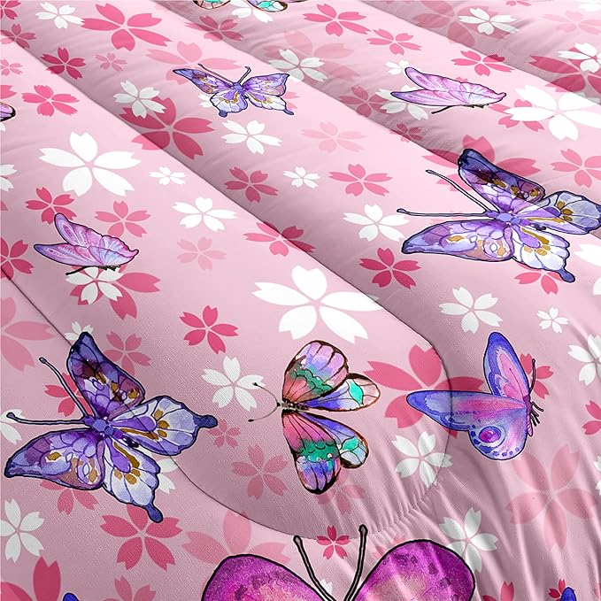 Kids Butterfly Comforter Set - Butterfly Twin Bedding Set Pink Butterflies Prints Bedding Set for Girls Room Cute Princess Bedding Sets for All Season Butterfly Bed Set, 1 Comforter + 1 Pillowcase