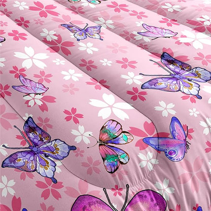 Kids Butterfly Comforter Set - Butterfly Twin Bedding Set Pink Butterflies Prints Bedding Set for Girls Room Cute Princess Bedding Sets for All Season Butterfly Bed Set, 1 Comforter + 1 Pillowcase