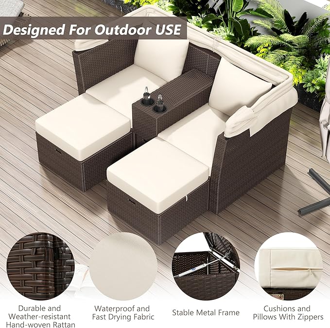 2-Seater Outdoor Patio Convertible Sunbed, All Weather Rattan Double Daybed Couch Foldable Awning, Cushions and Storage Boxes, Loveseat Sofa Set for Garden, Poolside, Balcony, Ab-Beige
