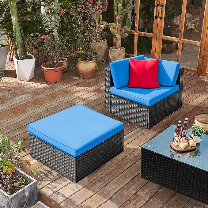 Greesum 3 Piece Patio Conversation Set Wicker Rattan Furniture Outdoor Sofa with Cushions,Pillows and Glass Table for Porch,Lawn and Yard, Blue