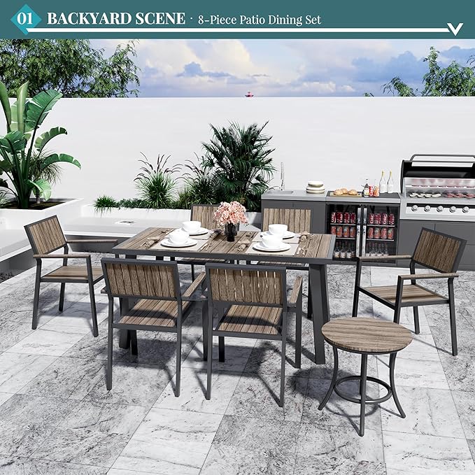 Pamapic 8-Piece Patio Dining Set，Outdoor Aluminum Furniture Set with Plastic-Wood Table Top,Outdoor Furniture Set with 6 Outdoor Stackable Chairs for Patio Garden Poolside，Walnut
