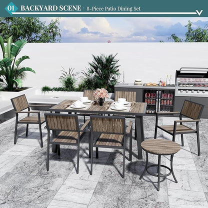 Pamapic 8-Piece Patio Dining Set，Outdoor Aluminum Furniture Set with Plastic-Wood Table Top,Outdoor Furniture Set with 6 Outdoor Stackable Chairs for Patio Garden Poolside，Walnut