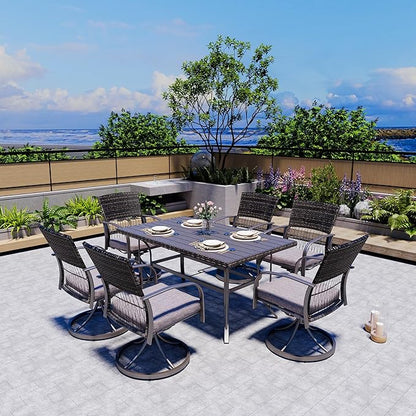 Pamapic 7 Piece Patio Dining Set for 6,Outdoor Wicker Furniture Set for Backyard Garden Deck Poolside with 6 Cushions Swivel Rocker Chairs,Iron Slats Table Top, Removable Cushions(Gray)