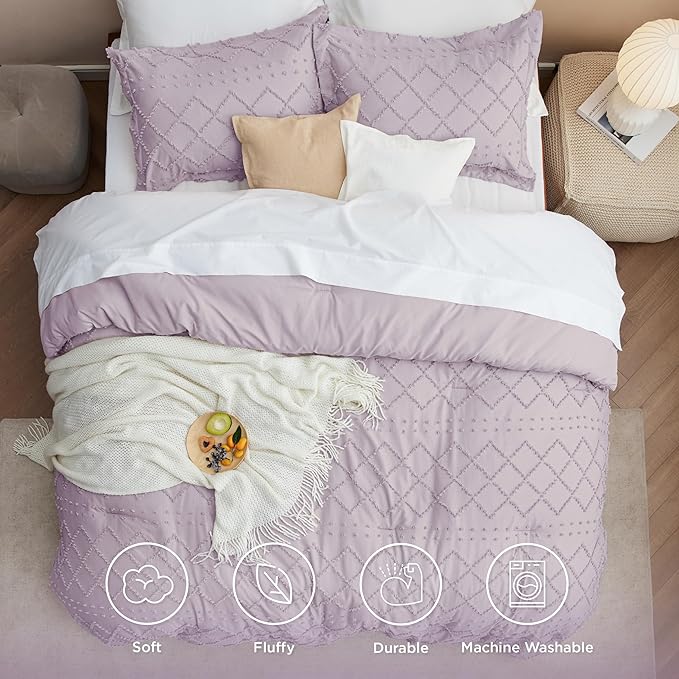 Bedsure King Size Comforter Set - Lavender Boho Comforter, Tufted Shabby Chic Bedding Comforter Set, 3 Pieces Vintage Farmhouse Bed Set for All Seasons, Fluffy Soft Bedding Set with 2 Pillow Shams