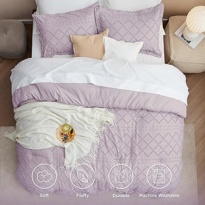 Bedsure King Size Comforter Set - Lavender Boho Comforter, Tufted Shabby Chic Bedding Comforter Set, 3 Pieces Vintage Farmhouse Bed Set for All Seasons, Fluffy Soft Bedding Set with 2 Pillow Shams