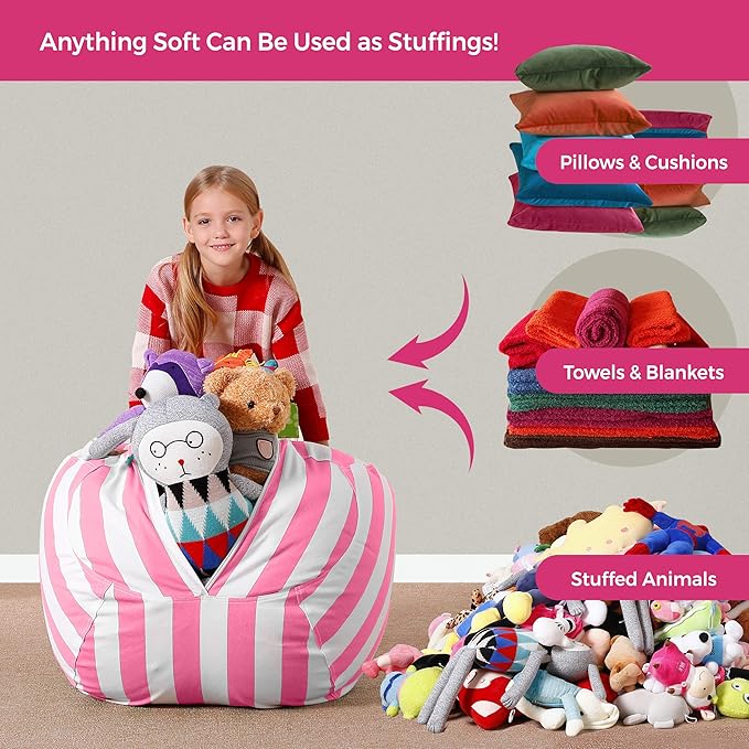 Aubliss Stuffed Animal Bean Bag Storage Chair, Beanbag Covers Only for Organizing Plush Toys, Turns into Bean Bag Seat for Kids When Filled, Medium 32"-Canvas Stripes Pink/White