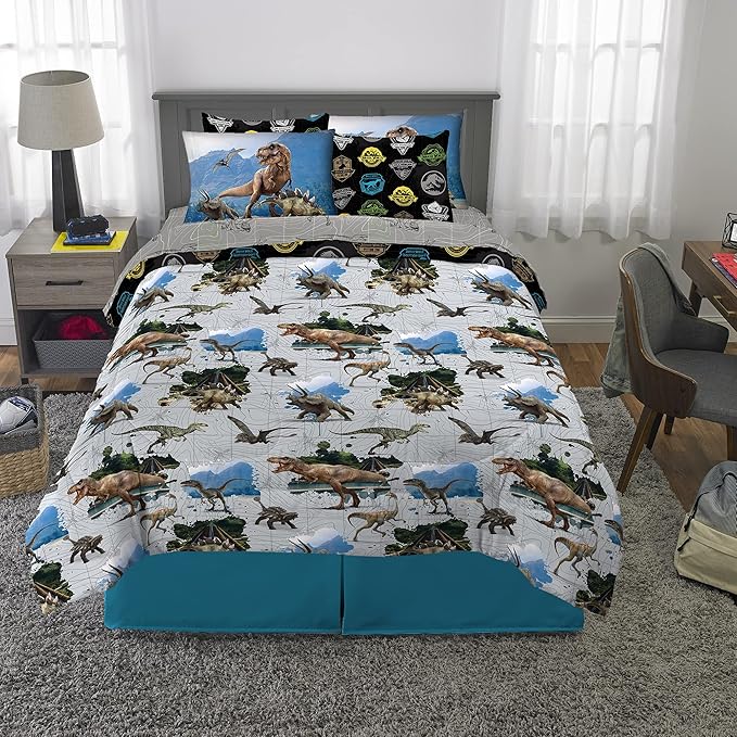 Franco Kids Bedding Super Soft Comforter and Sheet Set with Sham, 7 Piece Full Size, Jurassic World