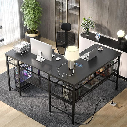 Unikito L Shaped Desk with USB Charging Port and Power Outlet, Reversible Corner Computer Desk with Storage Shelves, Industrial 2 Person Long Gaming Table Modern Home Office Desk, Black