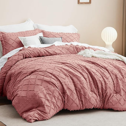Bedsure Twin/Twin XL Comforter Set - Pink Clay Boho Twin Extra Long Comforter Set for College, Shabby Chic Dorm Bedding Set, 2 Pieces Modern Farmhouse Bed Set, includes 1 Pillow Sham