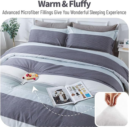 Andency Stripe Comforter Set King Size (104x90 Inch), 3 Pieces Mint Green Patchwork Striped Comforter, Soft Microfiber Down Alternative Comforter Bedding Set with Corner Loops