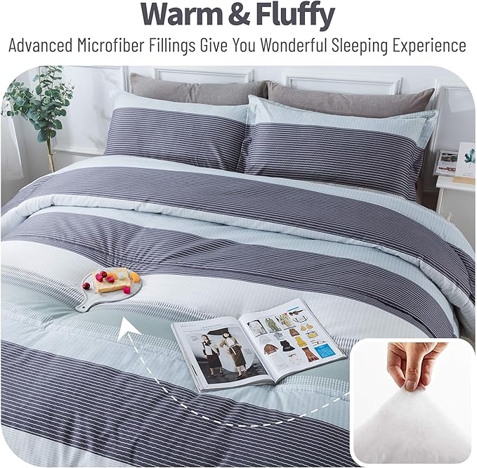 Andency Stripe Comforter Set Full Size (79x90 Inch), 3 Pieces Mint Green Patchwork Striped Comforter, Soft Microfiber Down Alternative Comforter Bedding Set with Corner Loops