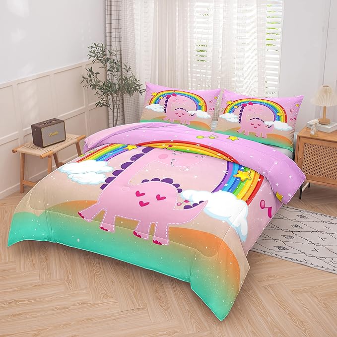 Tailor Shop Pink Dinosaur Bedding Set Twin Size,Dinosaur Comforter Set for Girls,Cartoon Rainbow Dino Comforter Sets for Kids Teens，with 1 Comforter 1 Pillowcase…