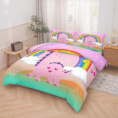 ailor Shop Pink Dinosaur Bedding Set Twin Size,Dinosaur Comforter Set for Girls,Cartoon Rainbow Dino Comforter Sets for Kids Teens，with 1 Comforter 1 Pillowcase…
