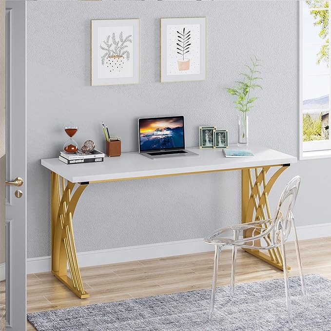 55’’ Large Modern Computer Desk, White & Gold Luxury Laptop PC Student Table, Makeup Vanity Table with Thick Frame & Strong Legs, Sturdy Writing Workstation for Home & Office