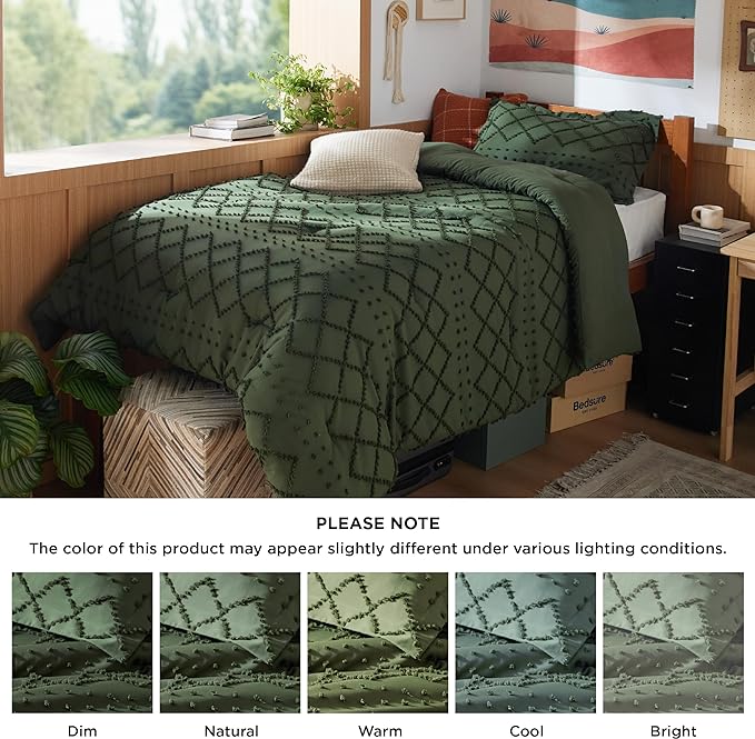 Bedsure Twin/Twin XL Comforter Set - Olive Green Boho Twin Extra Long Comforter Set for College, Shabby Chic Dorm Bedding Set, 2 Pieces Modern Farmhouse Bed Set, includes 1 Pillow Sham