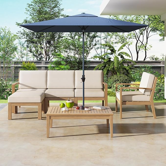 Merax 6-Piece Outdoor Sectional Conversation Sofa Seat Cushions Acacia Wood Frame Furniture Sets with Coffee Table and Ottoman for Garden Backyard Patio and Poolside, Beige
