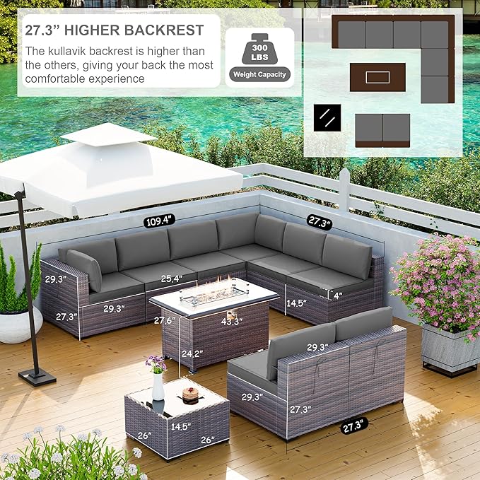 Kullavik 10 Pieces Outdoor Patio Furniture Set with 43" Gas Propane Fire Pit Table PE Wicker Rattan Sectional Sofa Patio Conversation Sets,Grey