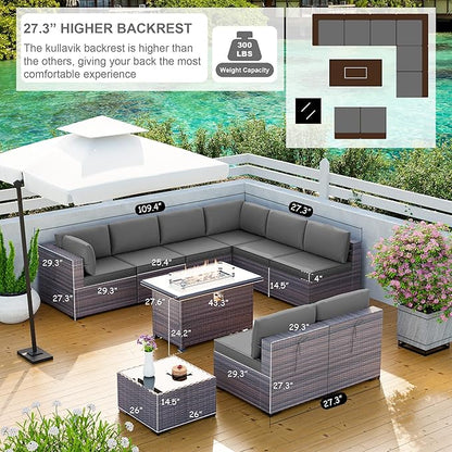 Kullavik 10 Pieces Outdoor Patio Furniture Set with 43" Gas Propane Fire Pit Table PE Wicker Rattan Sectional Sofa Patio Conversation Sets,Grey