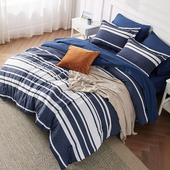 Bedsure Bed in a Bag Queen 7 Pieces - Navy & White Striped Comforter Set Queen All Season Bed Set, Bed Set Queen Size with 1 Comforter, 1 Flat Sheet, 1 Fitted Sheet, 2 Pillowcases & 2 Shams
