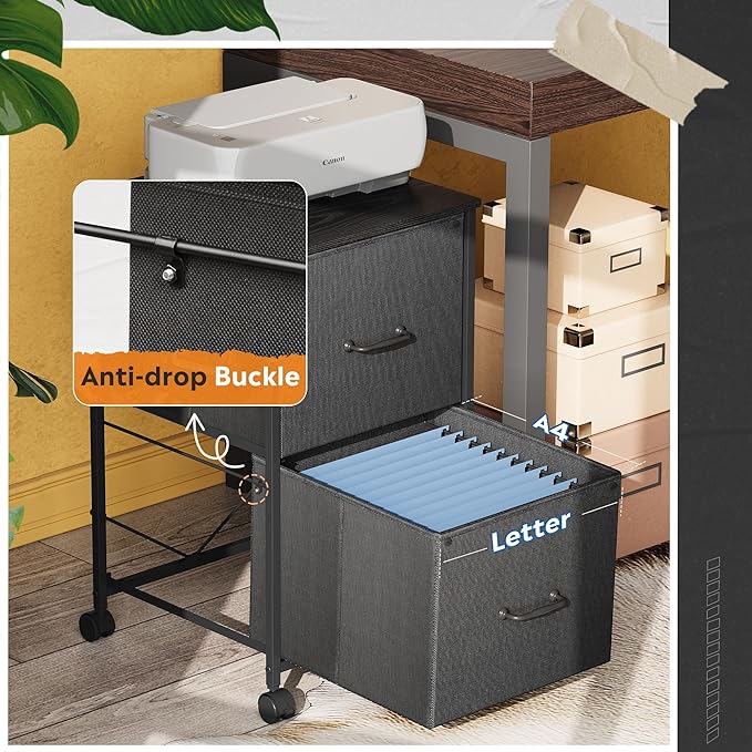 DEVAISE 2 Drawer Mobile File Cabinet, Rolling Printer Stand, Fabric Vertical Filing Cabinet fits A4 or Letter Size for Home Office, Black