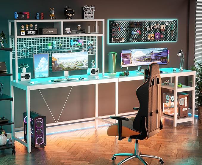 L Shaped Desk with Hutch & Pegboard - Reversible 67" L Shaped Gaming Desk with LED Lights, Corner Computer Desk with Storage Shelves, White