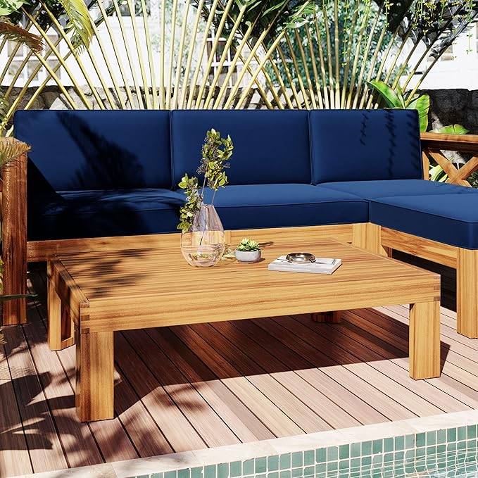 5-Piece Outdoor Patio Furniture Sectional Sets, Wooden L-shaped Corner Sofa Seating with Tea Table and Removable, Backyard Gardern Deck, Natural Finish+ Blue Cushions