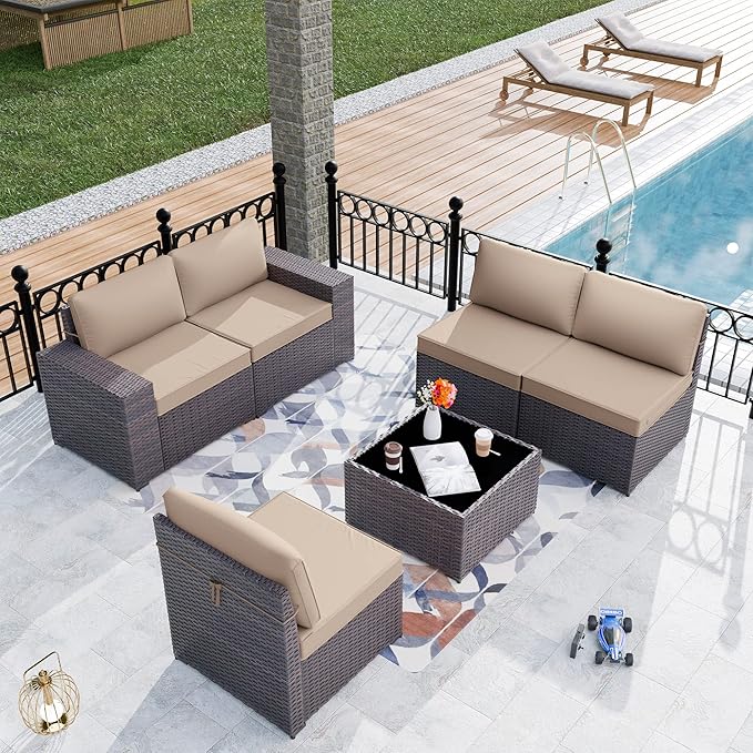 Patio Furniture Set Sofa 6-Piece Wicker Sectional Sofa Set, Outdoor Furniture Rattan Patio Sofa Conversation Set with Thickened Cushions and Glass Coffee Table, Sand