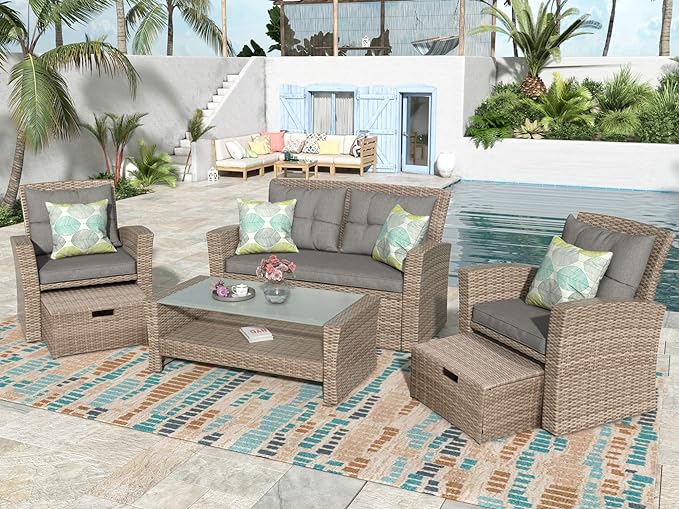 4-Piece Rattan Patio Furniture Sets, All Weather Outdoor Sectional Sofa Loveseat with Ottoman,Soft Cushions&Glass Table w/Shelf, Wicker Conversation Couch for Garden Backyard, Onesize, Gray