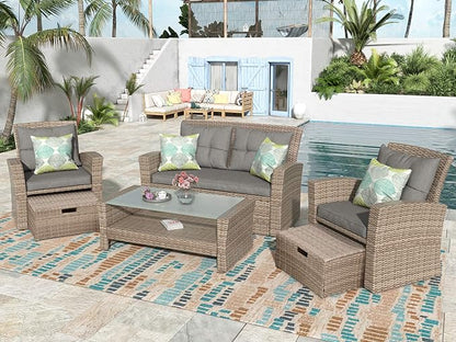4-Piece Rattan Patio Furniture Sets, All Weather Outdoor Sectional Sofa Loveseat with Ottoman,Soft Cushions&Glass Table w/Shelf, Wicker Conversation Couch for Garden Backyard, Onesize, Gray