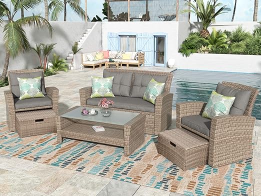 Set, 4 Piece Outdoor Wicker Rattan Sectional Sofa with Glass Table, Ottoman and Soft Cushions, Front Porch Apartment Patio Furniture for Backyard Lawn Garden, Onesize, E-Gray-e