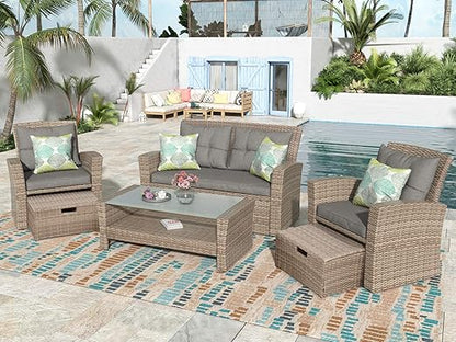 Set, 4 Piece Outdoor Wicker Rattan Sectional Sofa with Glass Table, Ottoman and Soft Cushions, Front Porch Apartment Patio Furniture for Backyard Lawn Garden, Onesize, E-Gray-e
