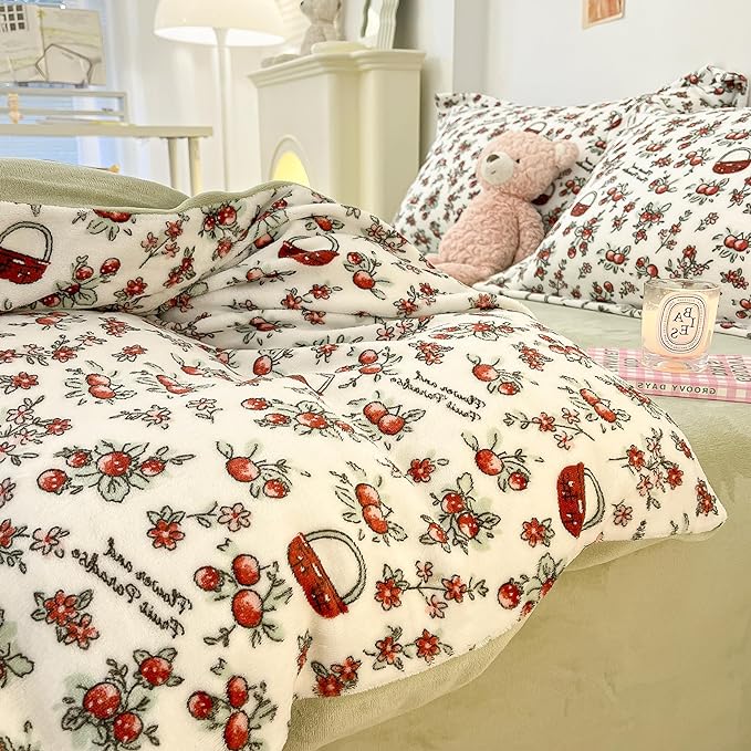 MorroMorn Queen Duvet Cover, Red Cherries Floral Bedding Sets, Plush Fluffy Comforter Covers Set, Down Alternative Blanket Ultra Soft Kawaii Cute for Girls Kids Teen Women Full Double Size