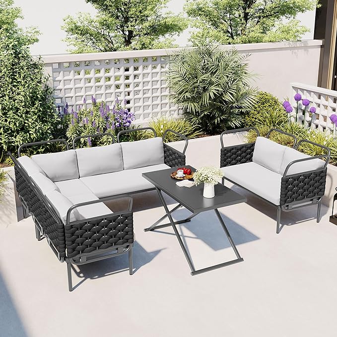 5-Piece Outdoor Patio Sectional L-shaped Sofa Set, Woven Rope Conversation Furniture with Loveseat, Corner Couch, Glass Coffee Table and Removable Cushions, Onesize, Black+Gray