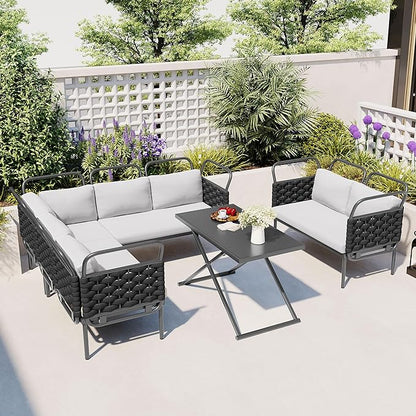 5-Piece Outdoor Furniture Sectional Conversation Sofa Set with Loveseat, Glass Table and Removable Cushions, All Weather Patio Woven Rope L-Shaped Couch for Garden Backyard, Black+Gray
