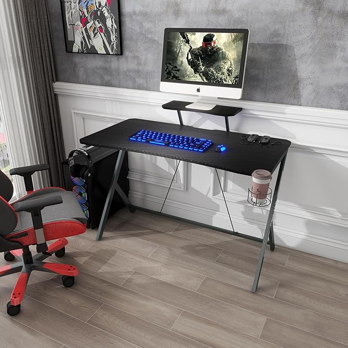 45IN Gaming Desk Gamer Table Carbon Fiber Surface Computer Table Gamer Desk with Monitor Shelf Office Home Study Desk Work PC Table Steel Legs Corner Desk Black