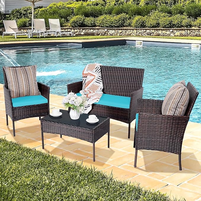Patio Furniture Set 4 Pieces Conversation Sets Outdoor Wicker Rattan Chairs Garden Backyard Balcony Porch Poolside Loveseat with Soft Cushion and Tempered Glass Table(Brown/Blue)