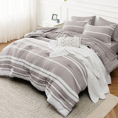 Bedsure Bed in a Bag King 7 Pieces, Warm Taupe White Striped Bedding Comforter Sets All Season Bed Set, 2 Pillow Shams, Flat Sheet, Fitted Sheet and 2 Pillowcases