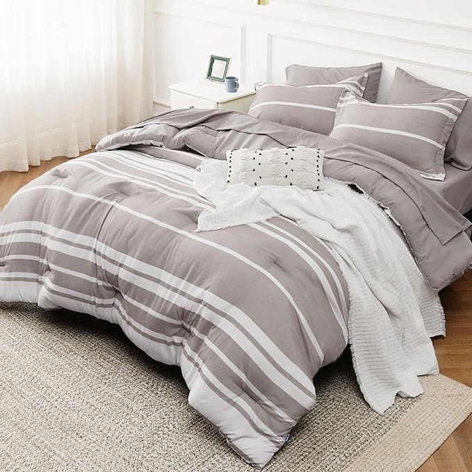 Bedsure Bed in a Bag Queen Size 7 Pieces, Warm Taupe White Striped Bedding Comforter Sets All Season Bed Set, 2 Pillow Shams, Flat Sheet, Fitted Sheet and 2 Pillowcases