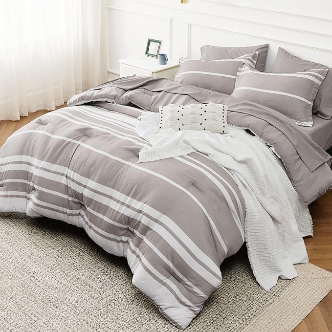 Bedsure California King Comforter Set 7 Pieces, Warm Taupe White Striped Bedding Comforter Sets All Season Bed Set, 2 Pillow Shams, Flat Sheet, Fitted Sheet and 2 Pillowcases