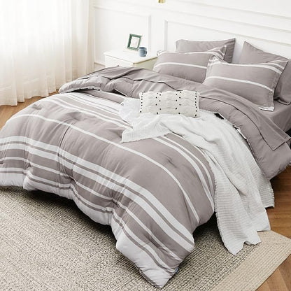 Bedsure California King Comforter Set 7 Pieces, Warm Taupe White Striped Bedding Comforter Sets All Season Bed Set, 2 Pillow Shams, Flat Sheet, Fitted Sheet and 2 Pillowcases