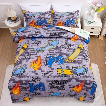 Btargot Gaming Stone Pattern Comforter Set for Boys Girls Kids, 3 Pieces Reversible Skateboard Game Console Flame Painting Bedding Set, Grey Full