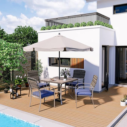 Pamapic Patio Table and Chairs Set, All-Weather Rattan Outdoor Table and Chairs with Removable Waterproof Cushions, Plastic-Wood Patio Dining Set for 4 with Umbrella Hole(Blue)