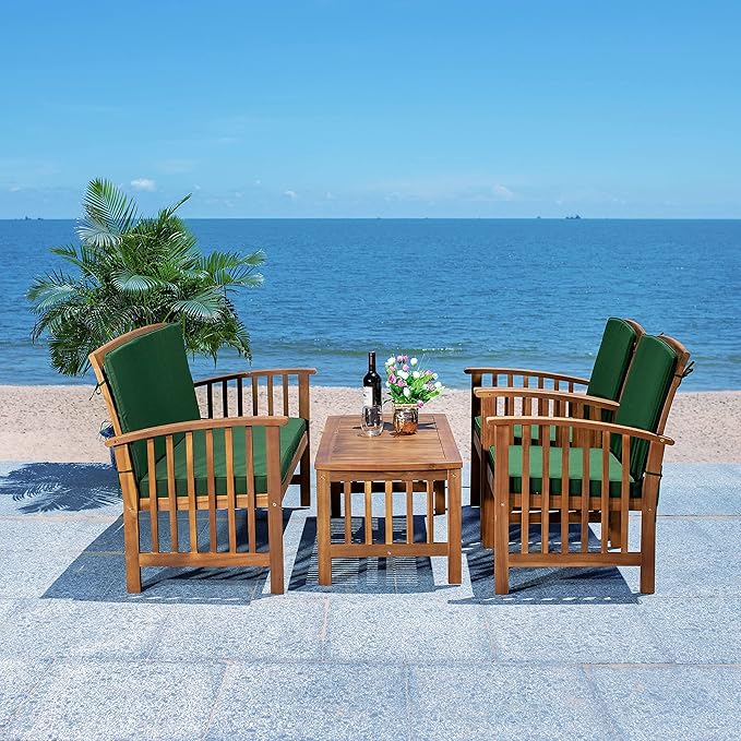 SAFAVIEH Outdoor Collection Rocklin Natural/ Green Cushion 4-Piece Conversation Patio Set