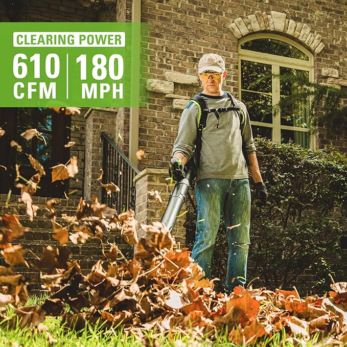 Greenworks 80V (180 MPH / 610 CFM / 75+ Compatible Tools) Cordless Brushless Backpack Blower, 5.0Ah Battery and Rapid Charger Included