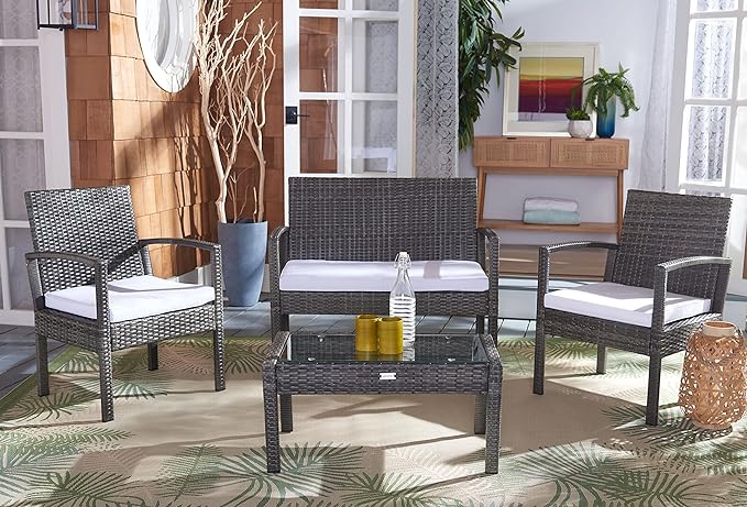 SAFAVIEH Outdoor Collection Bassey Grey Brown/White Cushion 4-Piece Conversation Patio Set PAT7507C