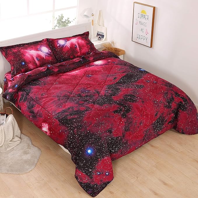 Wowelife 5-Piece Twin Comforter Set for Boys Space, Premium Galaxy Bedding Set Red, 3D Galaxy Comforter Set, Comfortable and Soft Kids Bedding Set