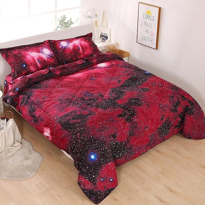 Wowelife Galaxy Bedding Sets for Boys and Girls 5-Piece Full, Premium Galaxy Bed in a Bag Red, 3D Galaxy Comforter Set, Comfortable and Soft Kids Bedding Set