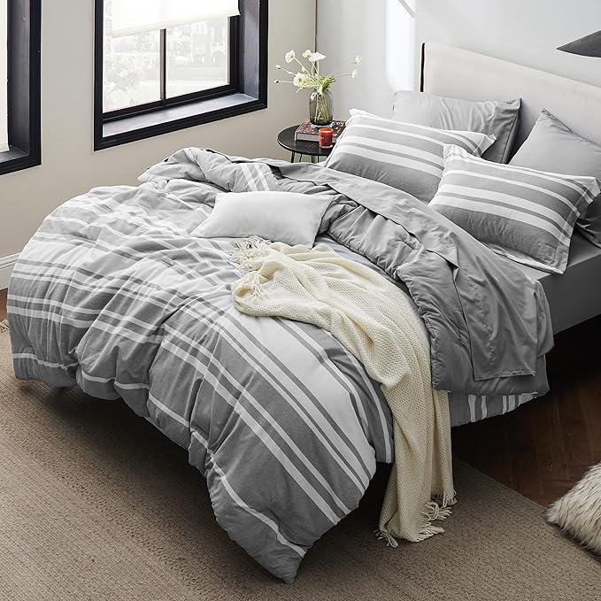 Bedsure Full Size Bed Sets 7 Pieces - Grey & White Striped Bedding All Season Comforter Set, Bed in a Bag with 1 Comforter, 2 Sheets, 2 Pillowcases & 2 Shams