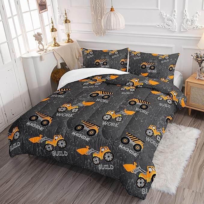 Datura home Construction Truck Comforter Set for Boys Kids Children,Machinery Excavators Vehicles Tractor Bedding Set with 1 Comforter and 2 Pillowcases(Brown Truck Full), Full 80x90inches