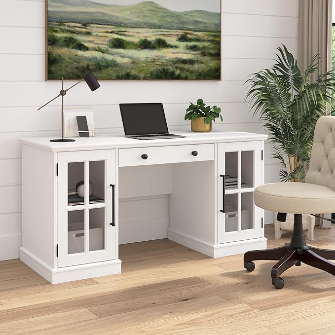 Bush Furniture Westbrook 60W Computer Desk with Storage and Keyboard Tray in White Ash | Farmhouse Desk for Home Office Workspace